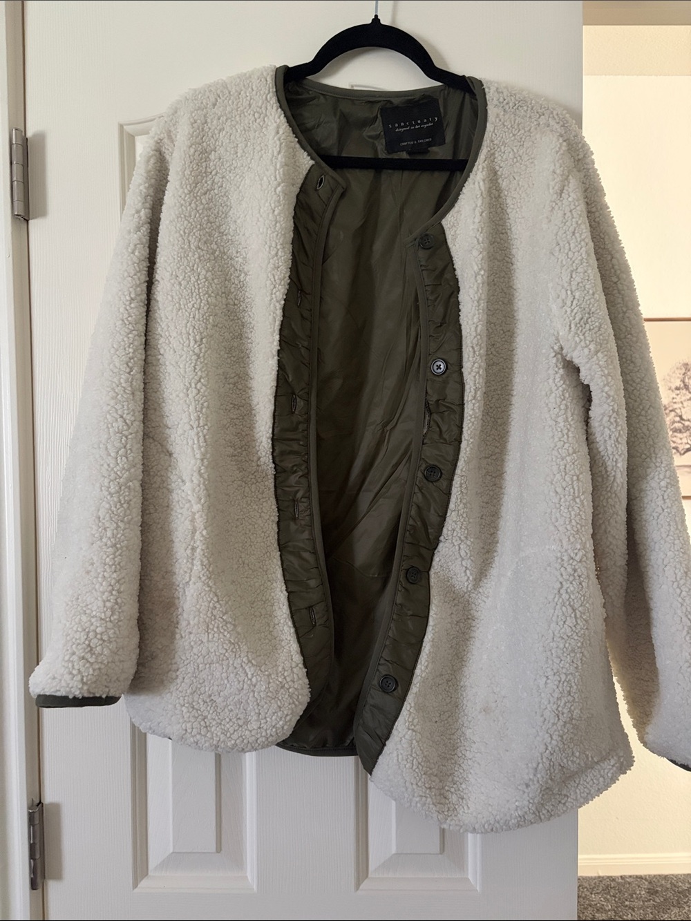 Sanctuary Reversible Teddy Jacket in Cream and Olive